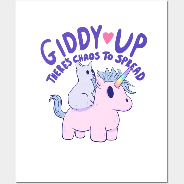 Cute Cat Riding Unicorn - Giddy Up, There’s Chaos to Spread Wall Art by Jess Adams